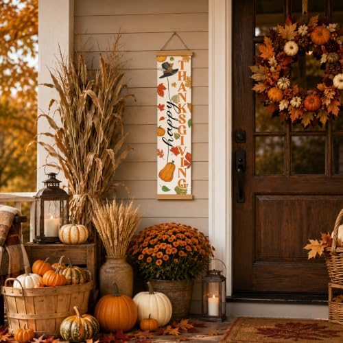 Fall Porch Decor Banner, Thanksgiving Pumpkin Canvas Banner for Entryway