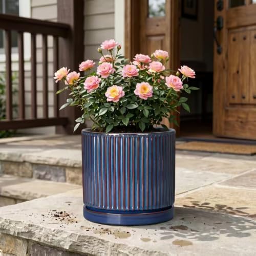 Ceramic Planter, 10 Inch Plant Pots with Saucer, Retro Blue