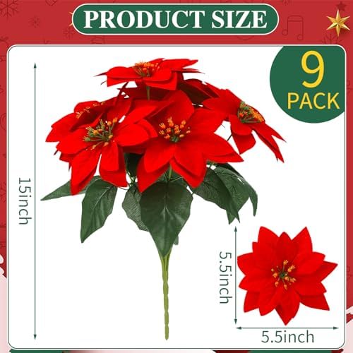 9 Pack Christmas Artificial Poinsettia Flowers 7 Heads Red Flower