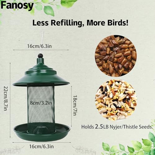Finch Feeder - All-Metal Squirrel Proof Thistle Nyjer Seed Bird Feeder for Outdoors, 2.5LB Capacity, Powder-Coated Rust Resistant Mesh Design for Goldfinches & Small Birds Green (Pack of 2)