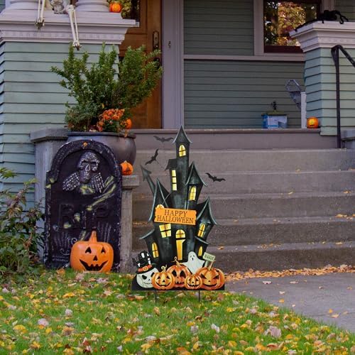 Glitzhome 32" H Halloween Metal Haunted House Yard Stake/Hanging Decor,Halloween Pumpkin Bats Ghost Garden Yard Sign for Lawn Decorations Outdoor Garden Halloween Party Decor