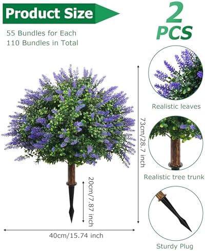 27.55'' Artificial Lavender Topiary Trees, 2 Sets Faux Boxwood Topiary with Spikes,Fake Shrubs Plants for Outdoor Planters, UV Resistant Round Topiary Bush Pot Filler for Front Porch Garden Home Decor