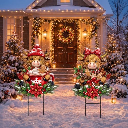 Amyhill Christmas Highland Cow Outdoor Yard Decoration Hot Cocoa Signs