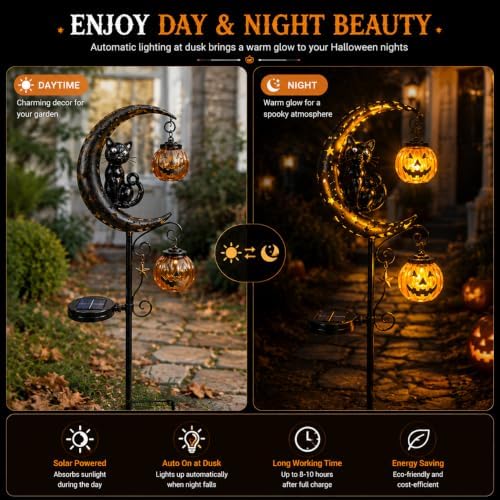 CRILEAL Solar Halloween Black Cat & Pumpkin Moon Garden Stake Light