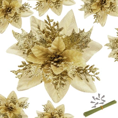 Cliselda 30Pcs 5.9“ Gold Poinsettias Artificial Christmas Flowers W/Clips