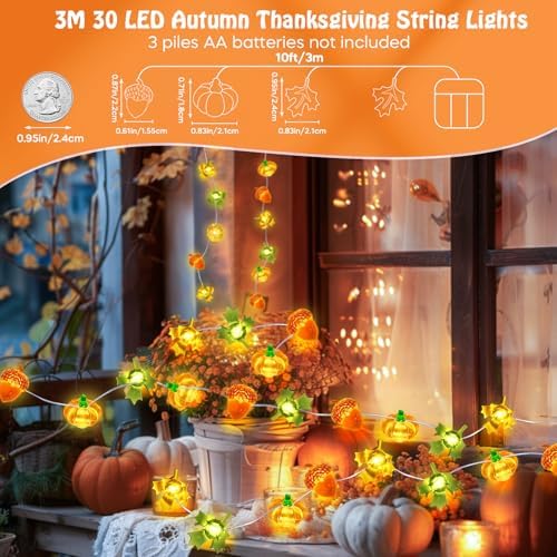 Coquimbo Fall Decor Thanksgiving Lights, 10FT 30 LED Pumpkin Maple Lights