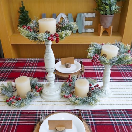 Winlyn 4 Pcs Artificial Snowy Pine and Berry Candle Rings Spruce Pine Candle Wreaths with Pinecones Christmas Pillar Candle Rings 9.6" for Holiday Season Winter Wedding Mantel Door Table Centerpiece