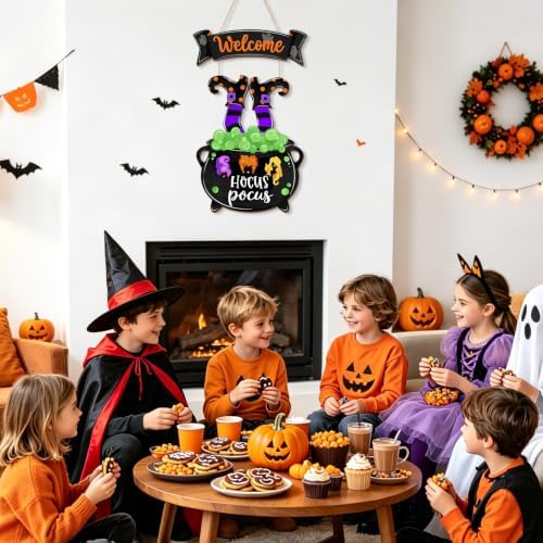 Halloween Witches Door Sign, Hocus Pocus Wreath Wooden Hanging Decor, Witch Legs Cauldron Front Door Hanger, Happy Halloween Welcome Plaque for Porch Home Farmhouse Wall Decor Holiday Party Supplies