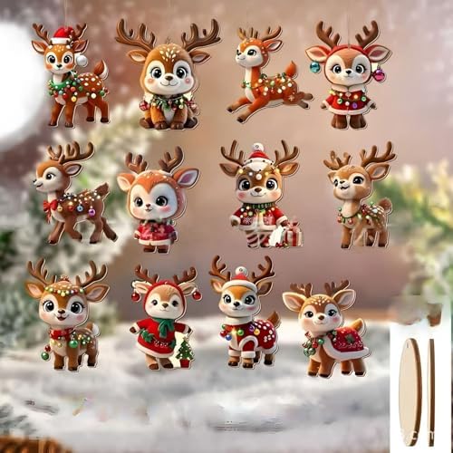 24 Pcs Cute Reindeer Christmas Tree Hanging Ornaments 2D Flat Wooden Pendant Ornament Xmas Cartoon Elk Christmas Hanging Ornaments for Home Holiday Party DIY Decoration
