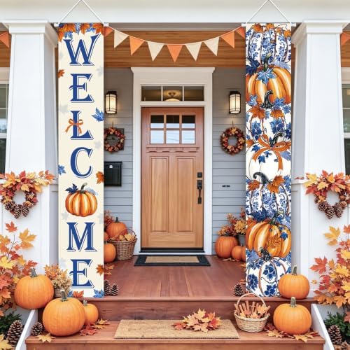 AIBIIN Blue and White Chinoiserie Pumpkin Porch Banner Welcome Fall Decor