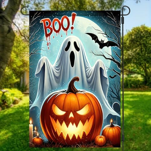 BlissYard Halloween Ghost Pumpkins Garden Flag 12x18 Inch Polyester