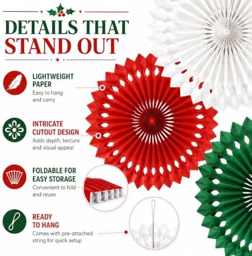 Christmas Hanging Honeycomb Round Paper Fans Decoration Winter Theme Tissue Paper Fan Garland for Shower Birthday Graduation Wedding Party Supplies 11 Count