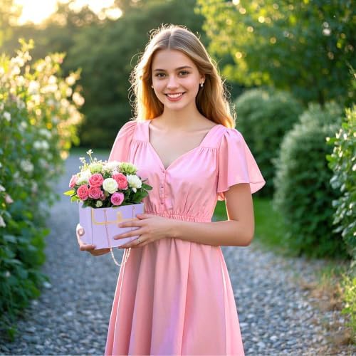 baotongle 6pcs Flower Paper Gift Box Bouquet Storage Bucket Handbag with Metal Chain Flower Boxes for Arrangements Wedding Mother's Day Birthday Bridal Shower (Purple)