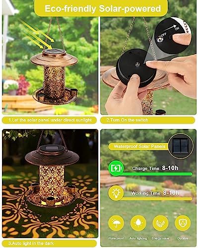 Solar Bird Feeders for Outdoors, Metal Hanging Bird Feeder with 3 Water Cups,Rust Resistant, Solar Garden Lantern for Outdoors Decor,The Perfect Choice for Gift(2.5LB)