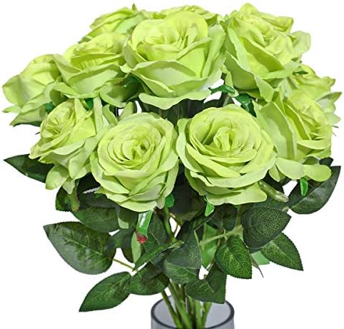 10pcs Light Green Roses Artificial Flowers, Realistic Faux Rose with Stem