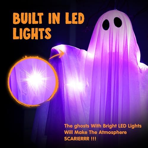 JOYIN 2 Pcs 47” Halloween Hanging Light up Ghost Decorations Outdoor, Halloween White Hanging Ghosts with Purple LED Lights for Haunted House Prop, Party Supplies, Front Yard Patio Garden Decor