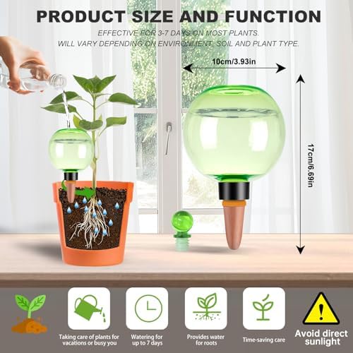 4 Pack Self Watering Globes 17oz Large Plant Watering Globes Top Fill, Self Water Planter Insert Indoor/Outdoor Plastic Water Bulbs Slow Release Terracotta for Plants, Green