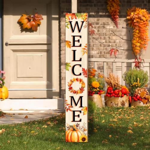 Fall Leaves Welcome Sign for Front Door, 47'' Autumn Porch Sign Farmhouse Warm Greeting Wooden Door Sign Rustic Vertical Porch Sign Pumpkin Standing Welcome Yard Signs for Patio Outdoor Indoor