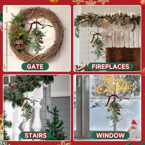 4PCS Christmas Mistletoe Ornament, Snow Flocked Mistletoe Hanging Bunch