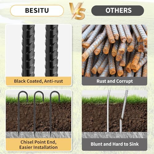 Besitu 16 Inches 24-Pack J Hook Rebar Stakes Heavy Duty Tent Stakes with Chisel Point End, Steel Ground Anchors Metal Garden Stakes Chain Link Fence Stakes Black Coated