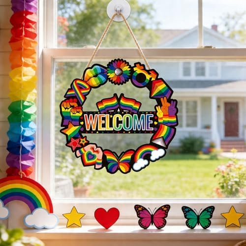 Pride Decorations Pride Month Wreath for Front Door Wooden Gay Pride Rainbow Sign Hollow Hanger Wall Art Everyone is Welcome Here Love Decor for Pride Ally Home Office LGBT Classroom Party Porch Yard