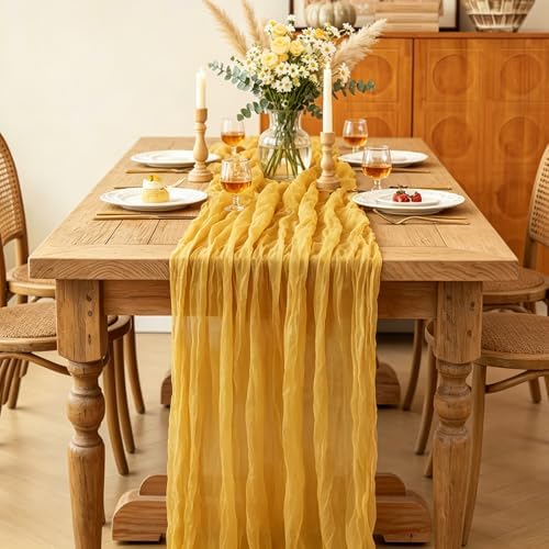 Yellow Cheesecloth Table Runner, 10FT Rustic Gold Boho Gauze Table Runner for Wedding Bridal Shower Baby Shower Birthday Tea Party Decorations