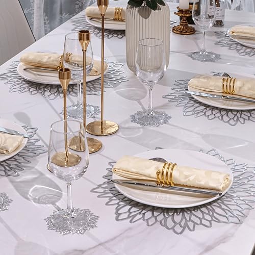 Snowkingdom 12 Pack of Silver Placemats Metallic Vinyl Dinning Table Mats, Round Flower Charger Plates Decoration Bulk for Winter Holiday Christmas Thanksgiving Party