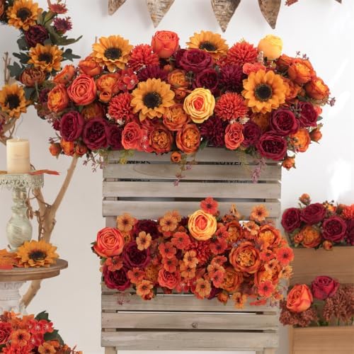 8 Pcs Mixed Autumn Artificial Peony Flower Set-4 Bouquets & 4 Stems, Burnt Orange Wine Red Fake Peony Sunflower Silk Flower for Fall Table Centerpiece Farm Wedding Thanksgiving Halloween Home Decor