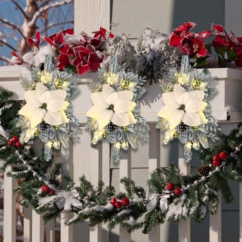 Hotop 3Pcs Artificial Christmas Swags 17.7" Lighted Berries, Champagne Gold