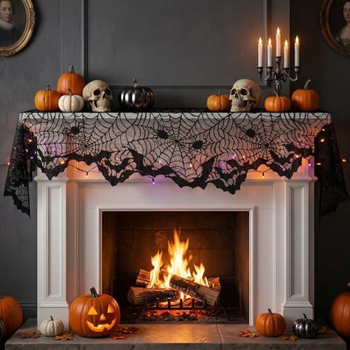 Black Lace Cobweb Halloween Fireplace Mantel Scarf Cover Decor, 18x96 in