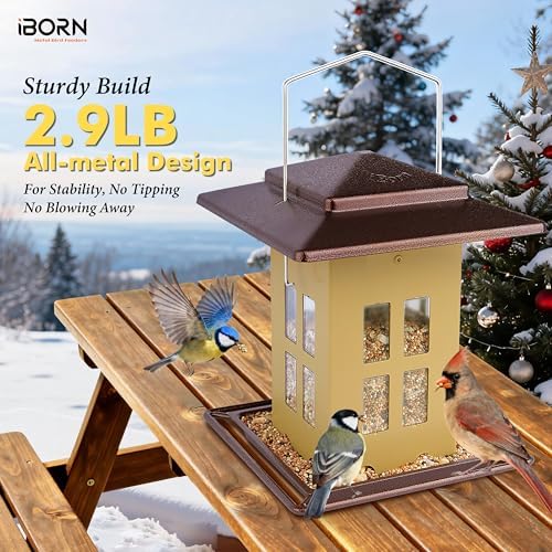 iBorn Bird Feeders for Outdoors, Metal Bird Feeder, Wild Bird Feeders for Cardinal, 2.3LBS Capacity,18cm Large Roof, Lantern Style, Black (Muted Yellow)