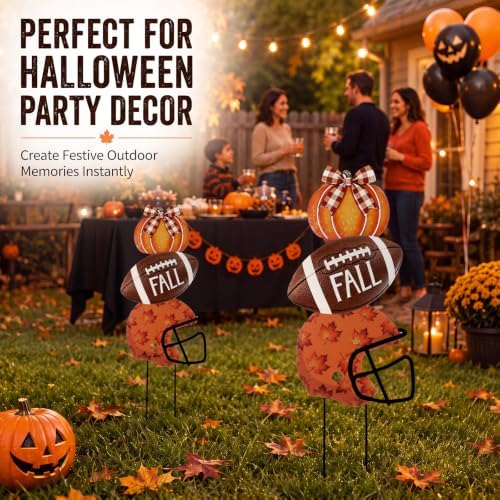 3 Pcs Fall Football Pumpkin Metal Yard Stake Pumpkin Decoration