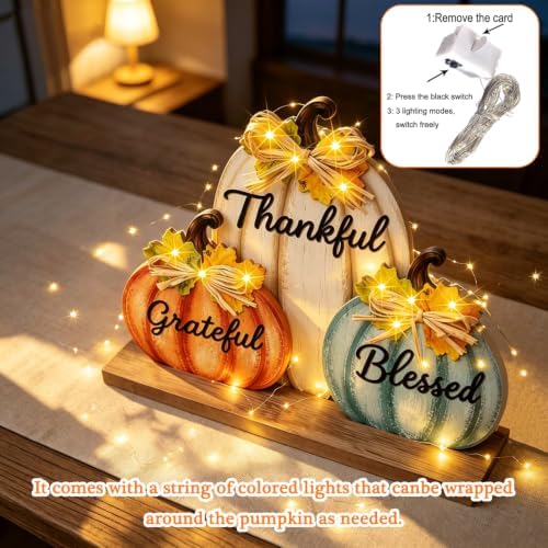 Fall Pumpkin Decor with LED Lights, Wooden Thanksgiving Table Sign "Blessed Grateful Thankful", Rustic Harvest Home Decoration for Living Room Mantle Office Desk Bedroom (Pumpkin)