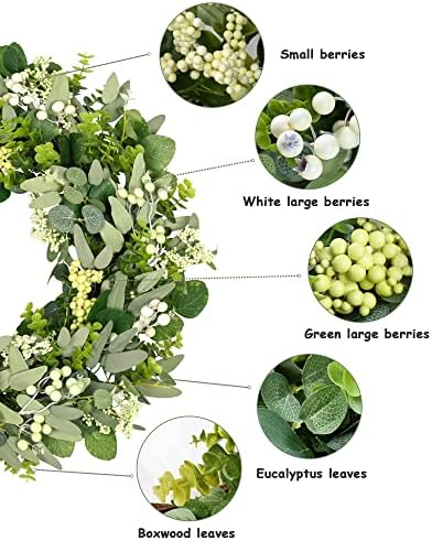 Vlorart 24-26 Inch Artificial Spring Summer Greenery Christmas Wreaths for Front Door Green Eucalyptus Leaf Wreath Decor Boxwood with Big Berries for Farmhouse Outside Year Round