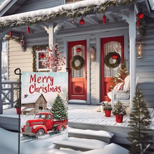 Merry Christmas Garden Flags Xmas Red Truck Double Sided 12 x 18 Winter Snow Holiday Yard Flags for Outside Seasonal Outdoor Yard Garden Decorations