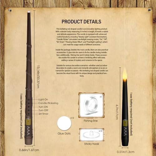 kakoya Flameless Floating Candles with Wand，12 Pcs Magic LED Hanging Taper Candles，Flickering Battery Operated Taper Candle with Wand Remote for Halloween Decorations Best Gift（Black）
