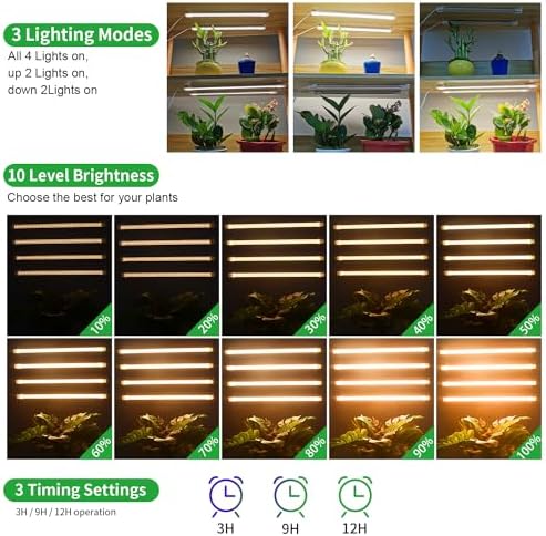 13 Inches Plant Growing Lamp Strips, Full Spectrum LED 3500K Grow Light for Indoor Plants with 3/9/12H Timer and 10 Dimmable Levels for Green House Hydroponics Succulent and Shelf, 4 Head 2 Pack