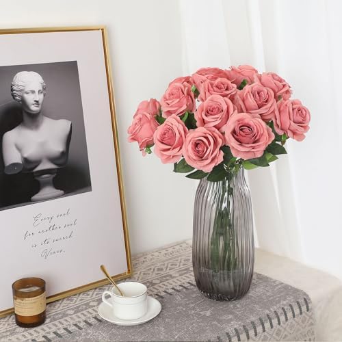 Pink Fake Roses Artificial Flowers - 10 Pcs Fake Artificial Roses Silk Flowers with Stems for Home Wedding Hotel Office Centerpiece Decor（Dusty Pink）