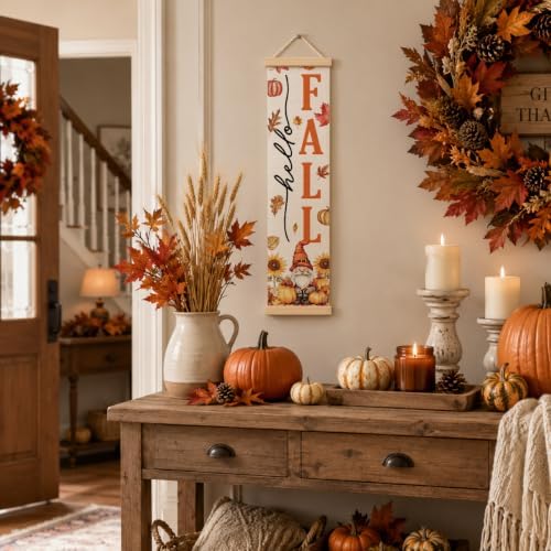 Fall Door Decor Banner, Hello Fall Gnome Pumpkin Sign for Front Porch