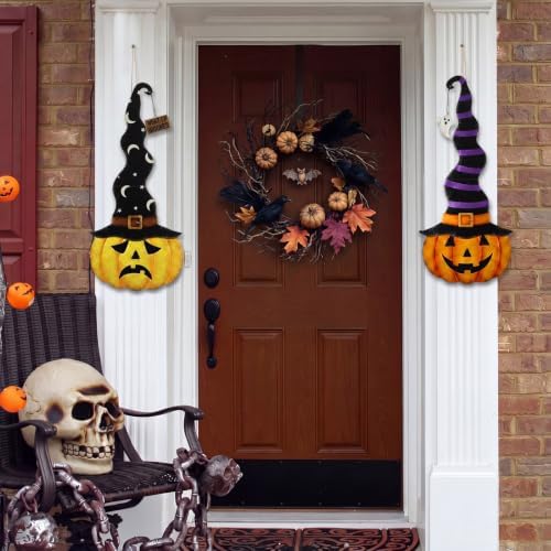 RattanView 2 Pack Halloween Pumpkin Door Hanger Front Door Sign Decor
