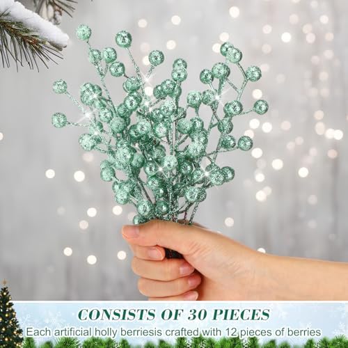 Geosar 30 Pieces Artificial Christmas Berry Picks with Snowflake Glitter Holly Berry Stems for Christmas Tree Ornaments Vases DIY Crafts Wedding Party Holiday Decor(Turquoise)