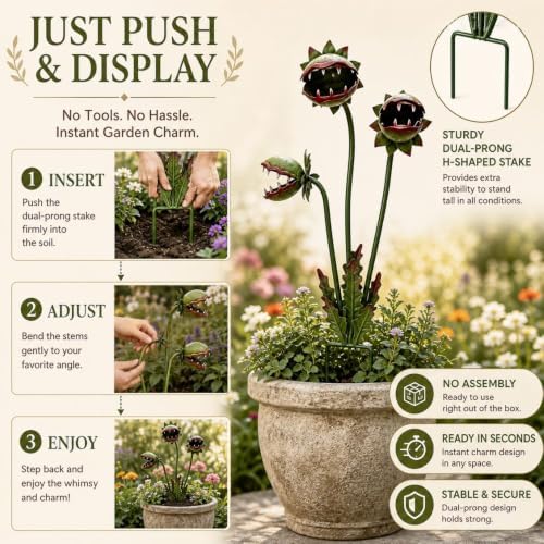 2026 Whimsical Carnivorous Plant Garden Stake, 25 Inch Large Metal Flowers - Venus Flytrap Monster Plant Sculpture, Garden Art Decor for Outdoor Flower Beds Patios Lawn Planters, Halloween Yard Stakes