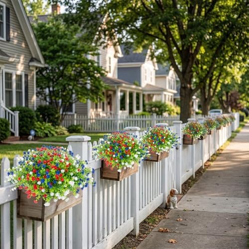 Hananona 24 Pcs Artificial Flowers Outdoor, Faux Artificial Plants UV Resistant Plastic Patriotic Flower Bulk for 4th of July Hanging Planter Porch Window Home Summer Decor (24, Red, White, Blue)