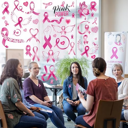 9 Sheets Breast Cancer Awareness Window Clings, 79 Kinds of Pink Window PVC Stickers for Pink Ribbon Decorations, Hope Fight Cancer Theme Windows Decals for Glass Home Decor Supplies