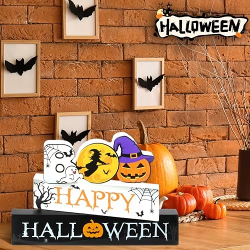 Vicenpal 3 Pcs Halloween Wooden Sign Pumpkin Ghost Witch Table Centerpiece