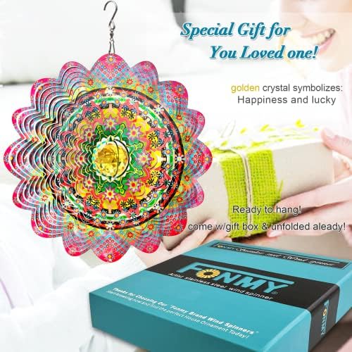 FONMY Mandala Wind Spinner w/Crystal Ball-Romatic Flower 3D Stainless Steel Hanging Spinners Worth Gift Christmas Decoration Indoor/Outdoor Garden Décor Kinetic Yard Art 12 Inches Wind Sculpture