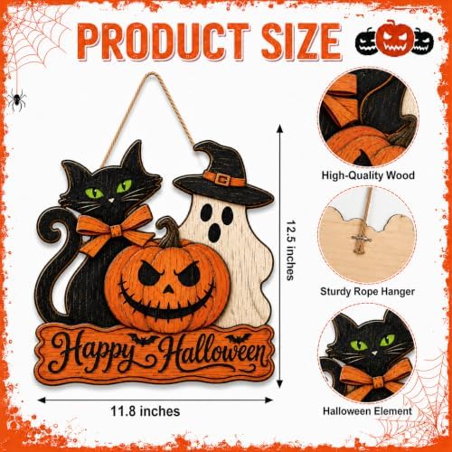Halloween Door Sign, Wooden Black Cat Ghost Pumpkin Happy Halloween Wreath