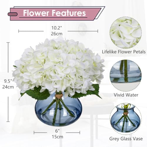 Hollyone White Hydrangea Artificial Flowers with Glass Vase Silk Faux Flowers Arrangements with Faux Water in Blue Vase Fake Floral Bulk Bouquet for Home Decor Table Centerpiece Decorations