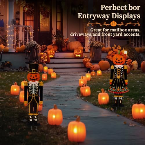 Geelin 2 Pack Halloween Metal Garden Stakes, Pumpkin Nutcracker Couple