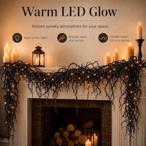 Halloween Lighted Creepy Vine Garland, Black Garland with Light，39.4"